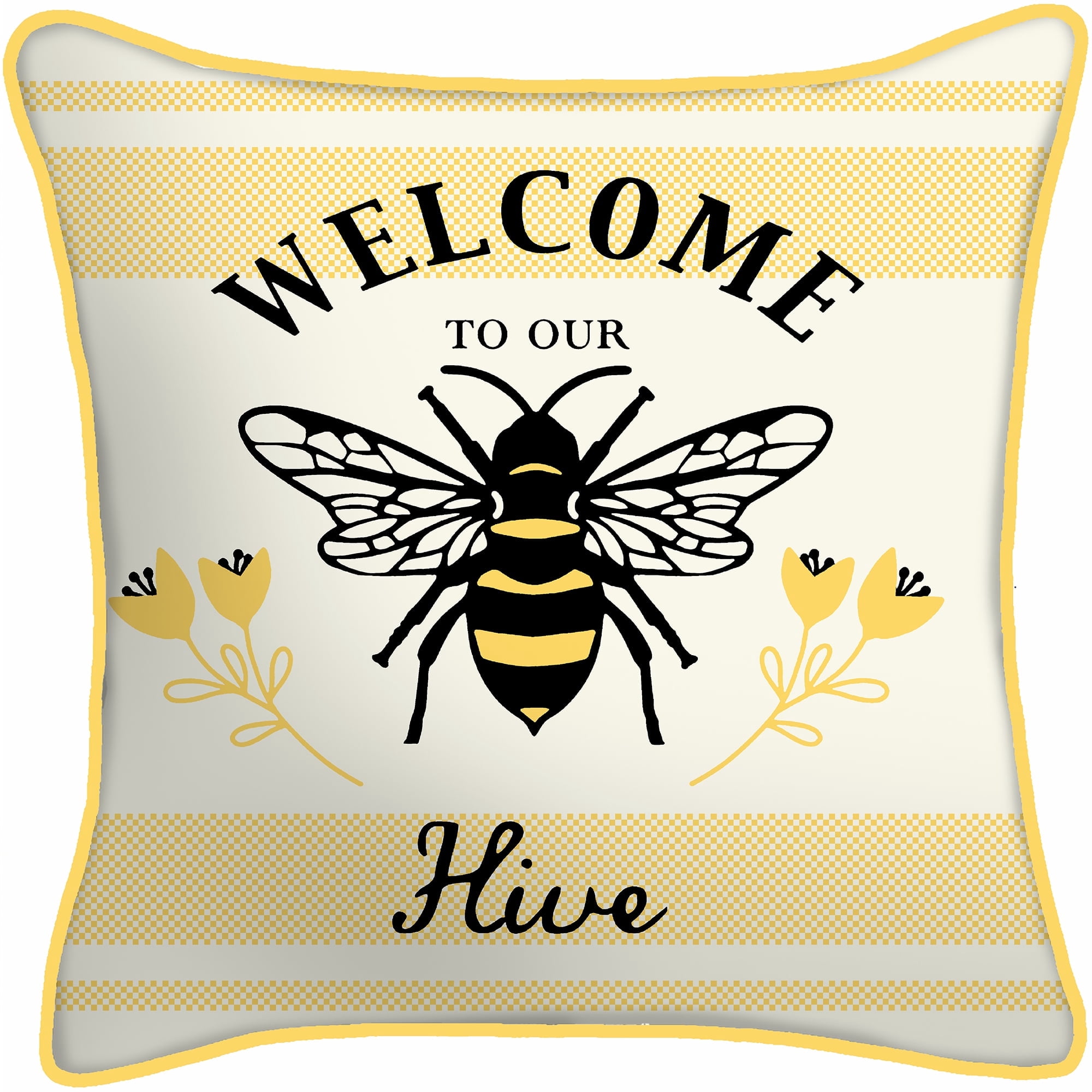 Mainstays Welcome to Our Hive Bee Reversible Outdoor Throw Pillow, 16", Yellow and Multicolor Novelty