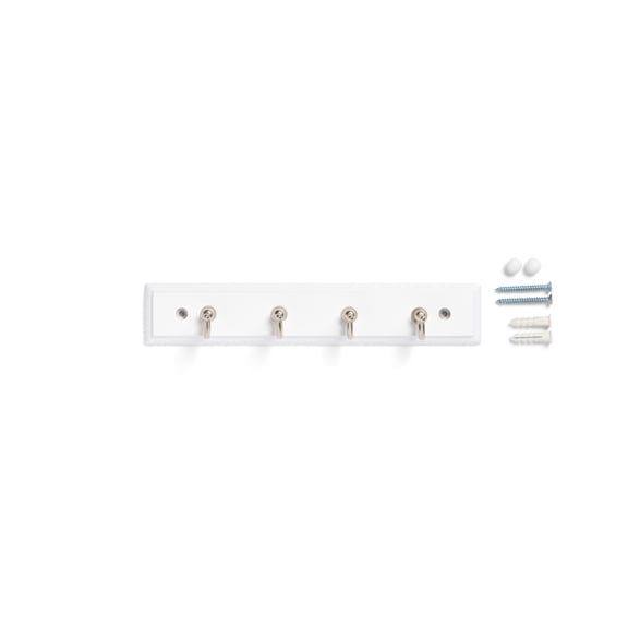Mainstays White 8.75 inch Key Rail with 4 Satin Nickel Hooks for Keys, Mail, Leashes, 2 lbs Capacity, 1 Pack