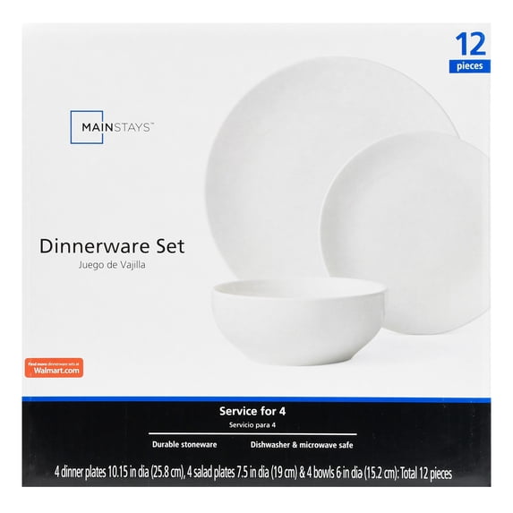 Mainstays White Dinnerware Set, 12 Piece