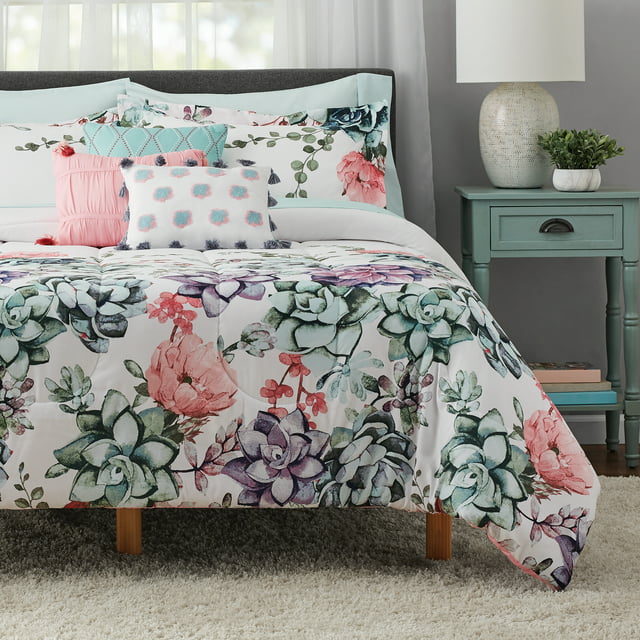 Mainstays White Floral 10-Piece Bed in a Bag Comforter Set with Sheets ...