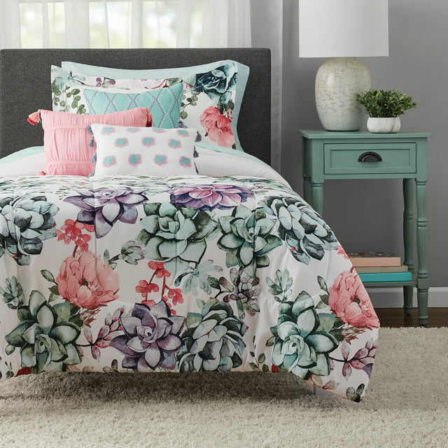 Mainstays White Floral 8-Piece Bed in a Bag Comforter Set with Sheets ...