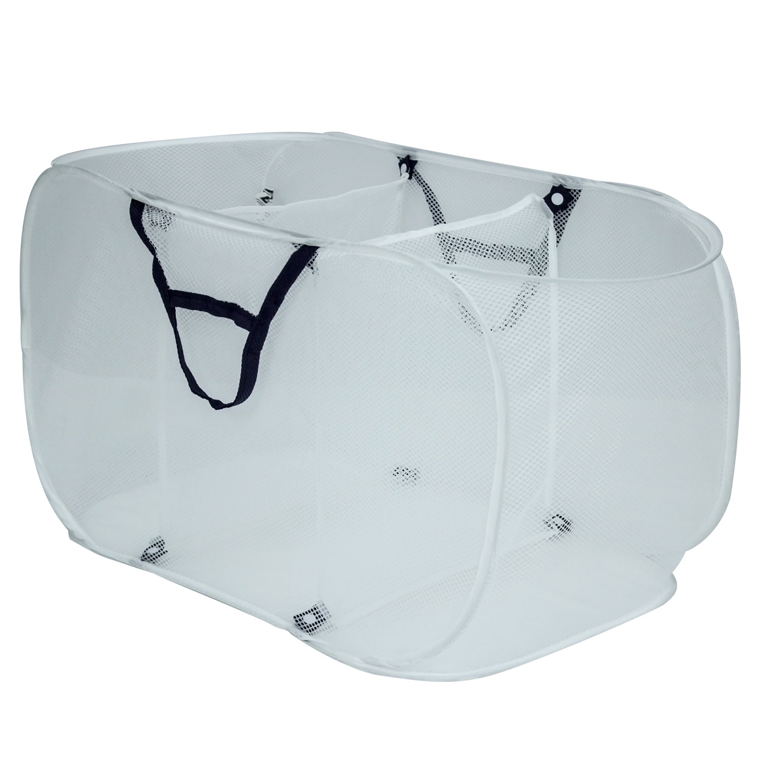 Mainstays Pop-Up Mesh Triple Sort Laundry Basket with Three Compartments, White, 16" x 16" x 28"