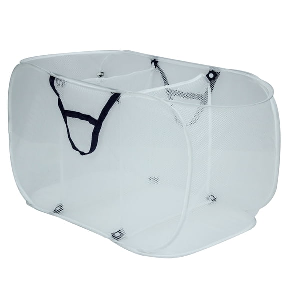 Mainstays Pop-Up Mesh Triple Sort Laundry Basket with Three Compartments, White, 16" x 16" x 28"