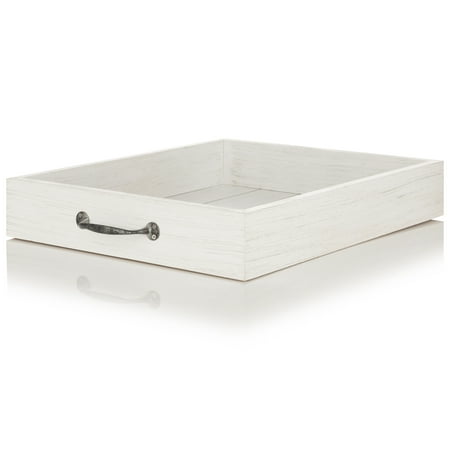 Mainstays White Rustic Rectangular Wood Tray with Metal Handles, 15" x 13"