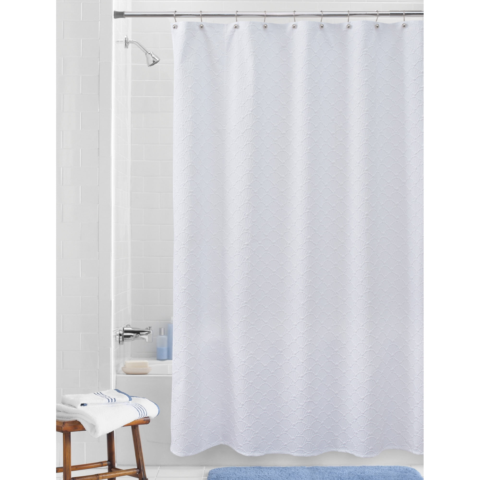 Mainstays White Shell Shower Curtain, White, Polyester, Recycled Poly, 72" W x 72" L, 1 Piece