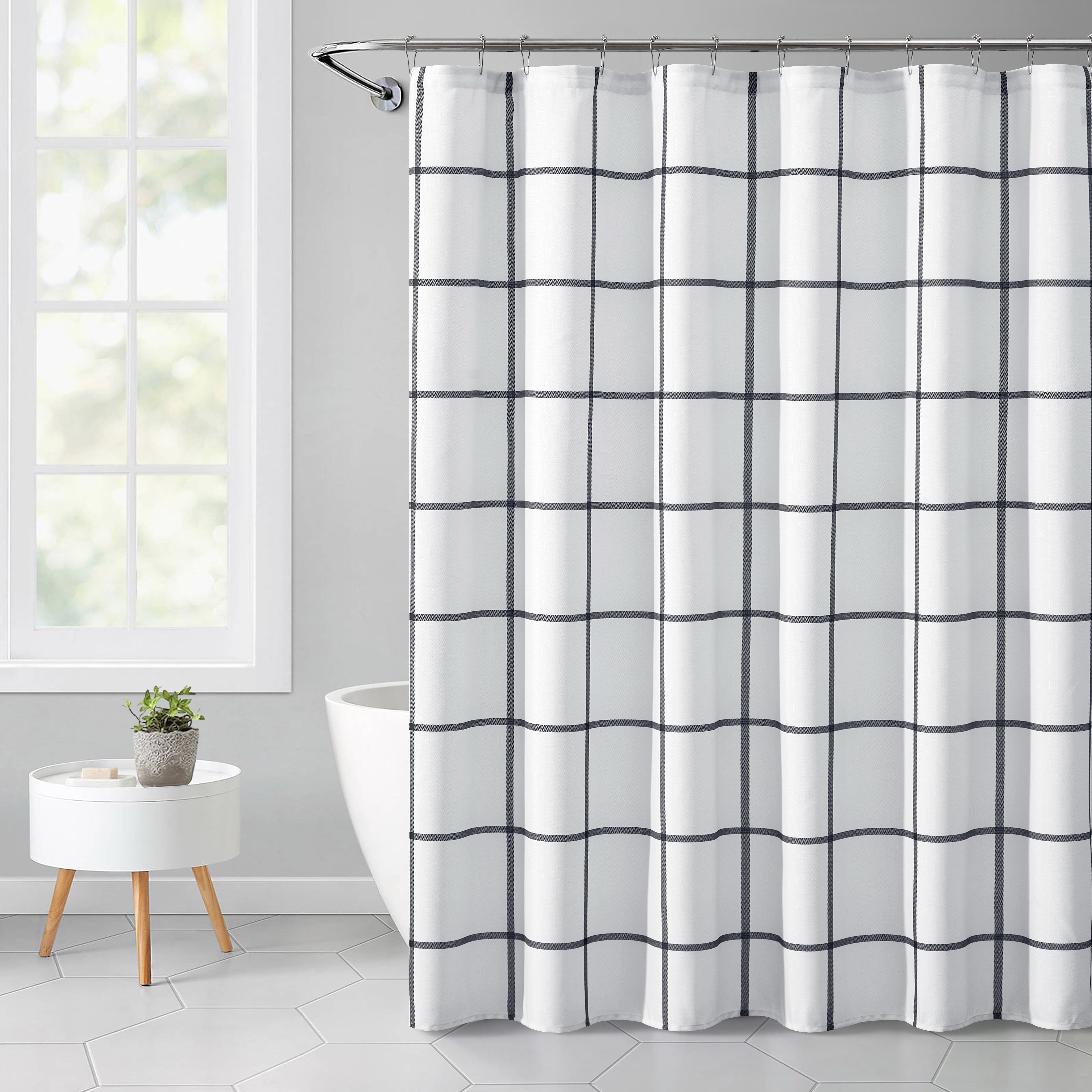 Mainstays White Windowpane Printed 72" x 72" Textured Faux Linen Shower Curtain