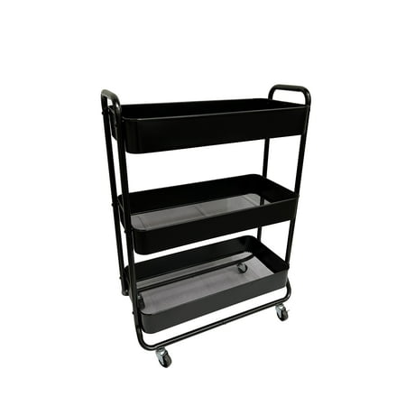 Mainstays Wide 3 Tier Metal Utility Cart, Black, Multifunctional, Laundry Baskets, Adult and Child