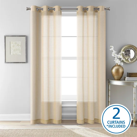 Mainstays Windowpane Sheer Curtain Panel Pair, Set of 2, Papyrus Beige, 38" W x 84" L