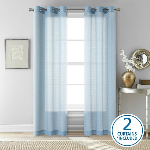 Mainstays Windowpane Sheer Curtain Panel Pair, Set of 2, Placid Blue, 38"W x 84"L