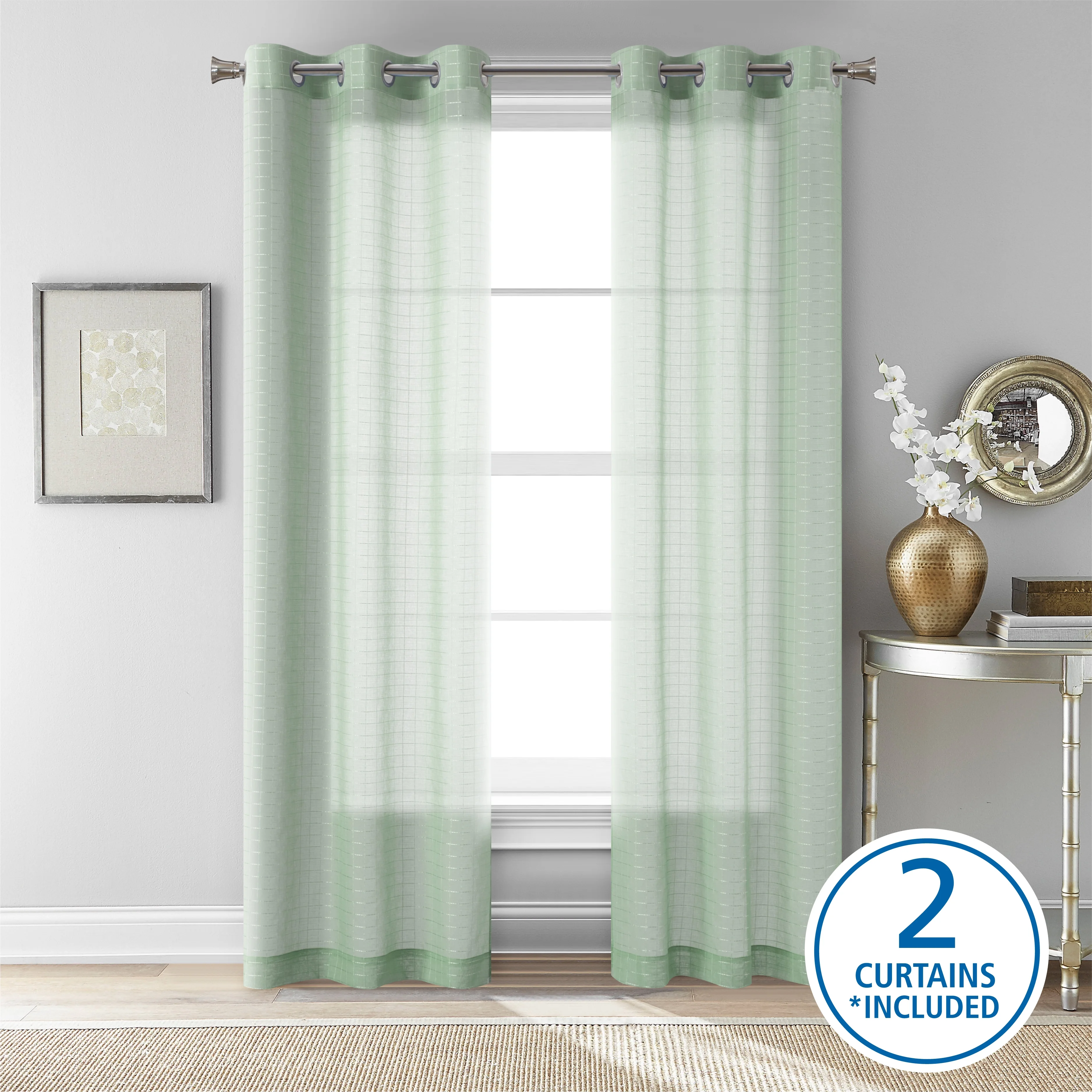 Mainstays Windowpane Sheer Curtain Panel Pair, Set of 2, Soft Sea, 38" W x 84" L