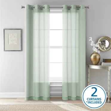Mainstays Windowpane Sheer Curtain Panel Pair, Set of 2, Soft Sea, 38" W x 84" L