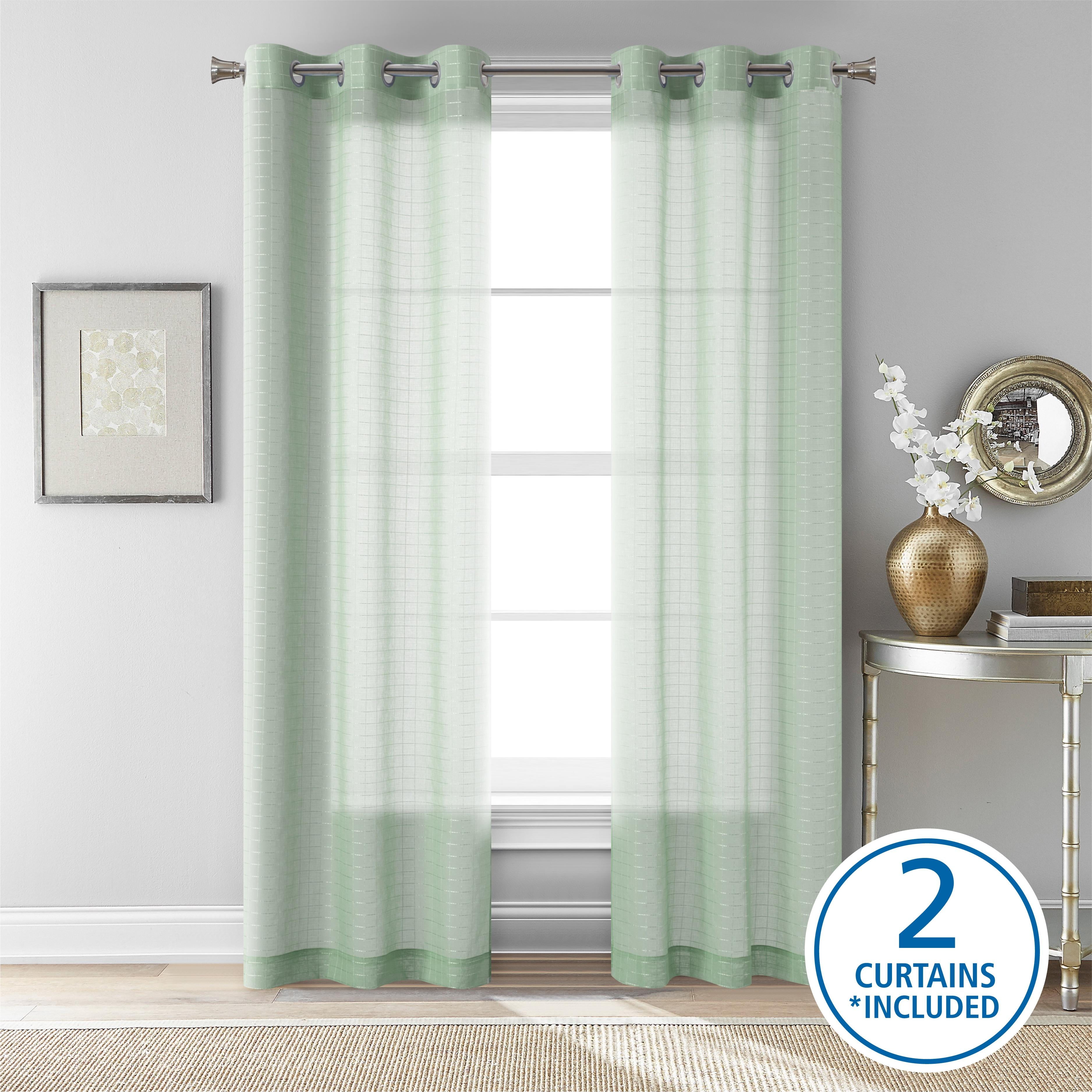 Mainstays Windowpane Sheer Curtain Panel Pair, Set of 2,Soft Sea, 38" W x 95" L