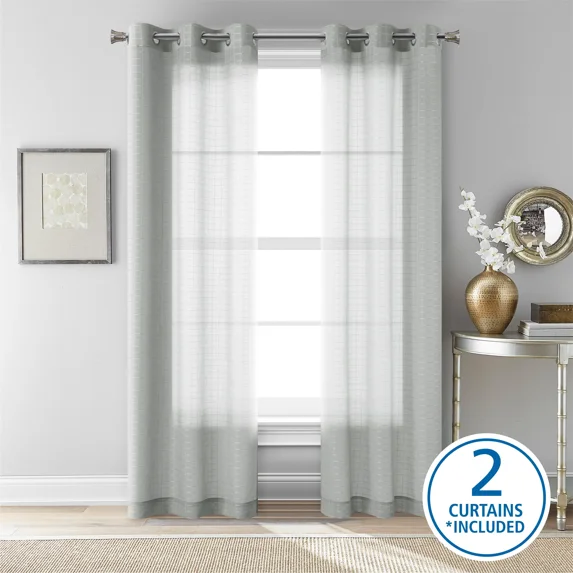 Mainstays Windowpane Sheer Curtain Panel Pair, Set of 2, Soft Silver, 38" W x 63" L