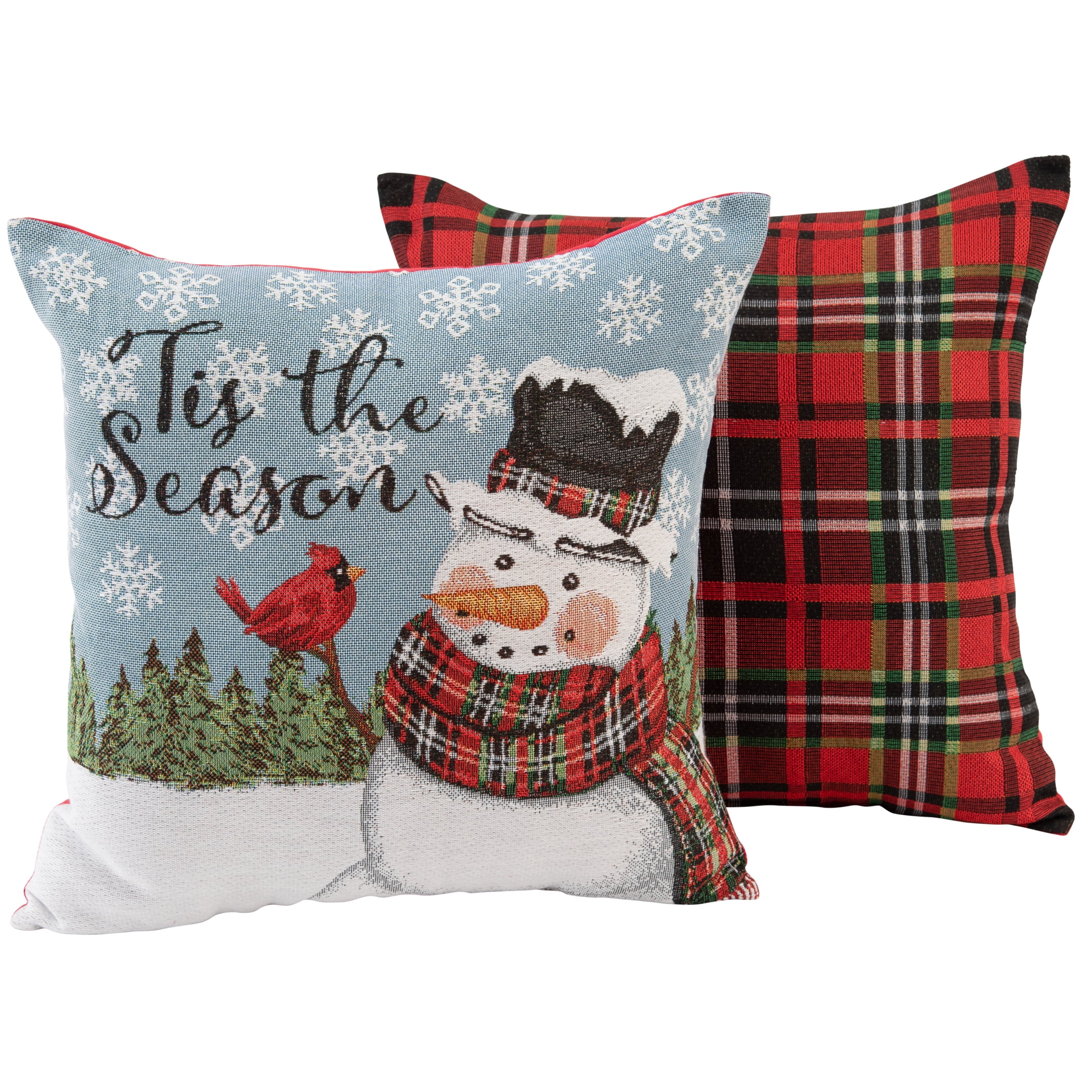 Mainstays Winter Snowman Plaid Decorative Throw PIllow Set, 17"x17", 2