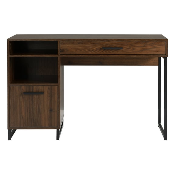 Mainstays Wood & Metal Writing Desk with 1 Drawer and 1 Door for Teen Adult,29.92 in, Canyon Walnut Finish.