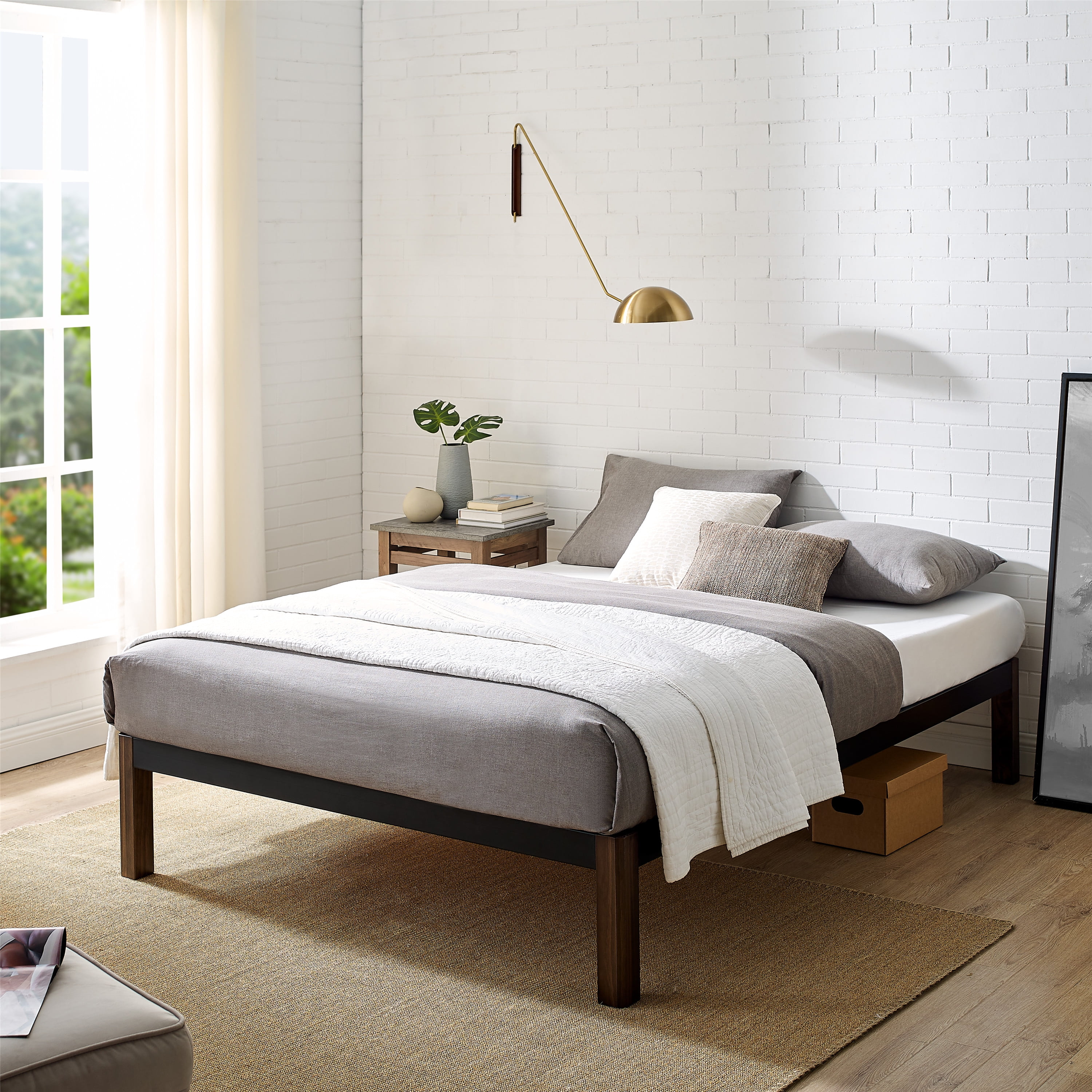 Mainstays Wood Slat Black Metal Platform Bed Frame with Wood Legs