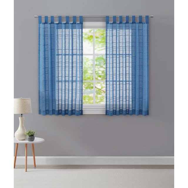 Mainstays Woven Sheer Stripe Tab Top Single Curtain Panel, Light Blue