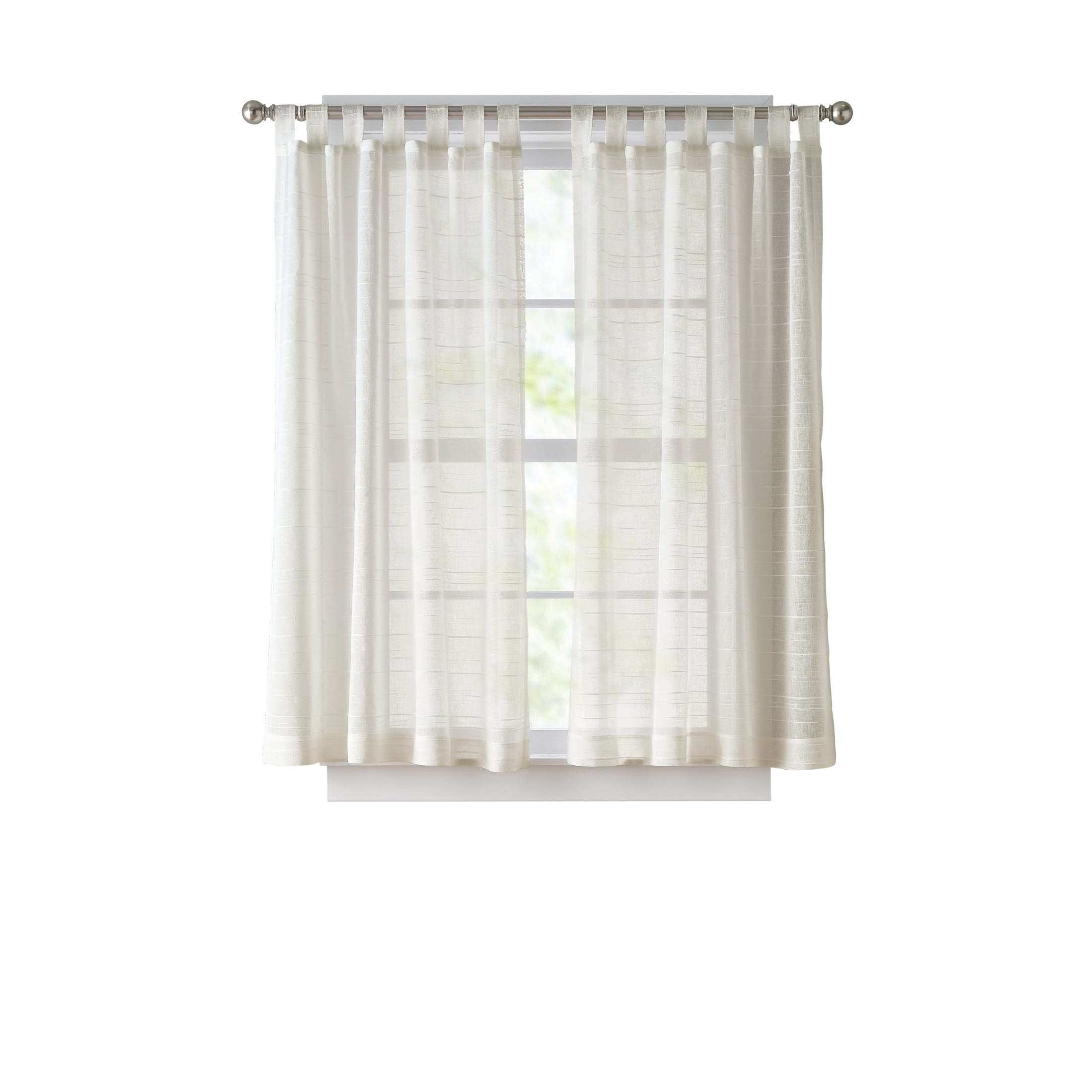 Mainstays Woven Stripe Sheer Tab Top Curtain, Single Panel, Beige, 50" W x 63" L