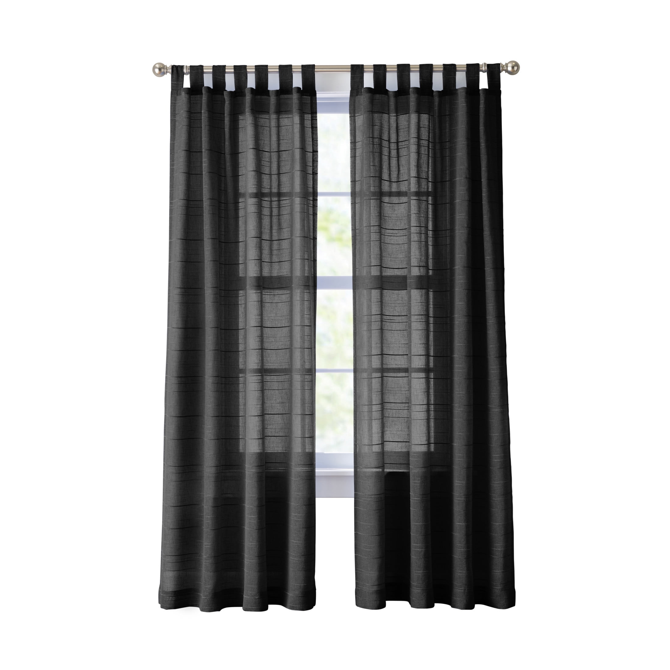 Mainstays Woven Stripe Sheer Tab Top Curtain, Single Panel, Black, 50" W x 95" L