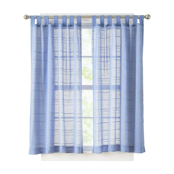Mainstays Woven Stripe Sheer Tab Top Curtain, Single Panel, Blue, 50" W x 63" L