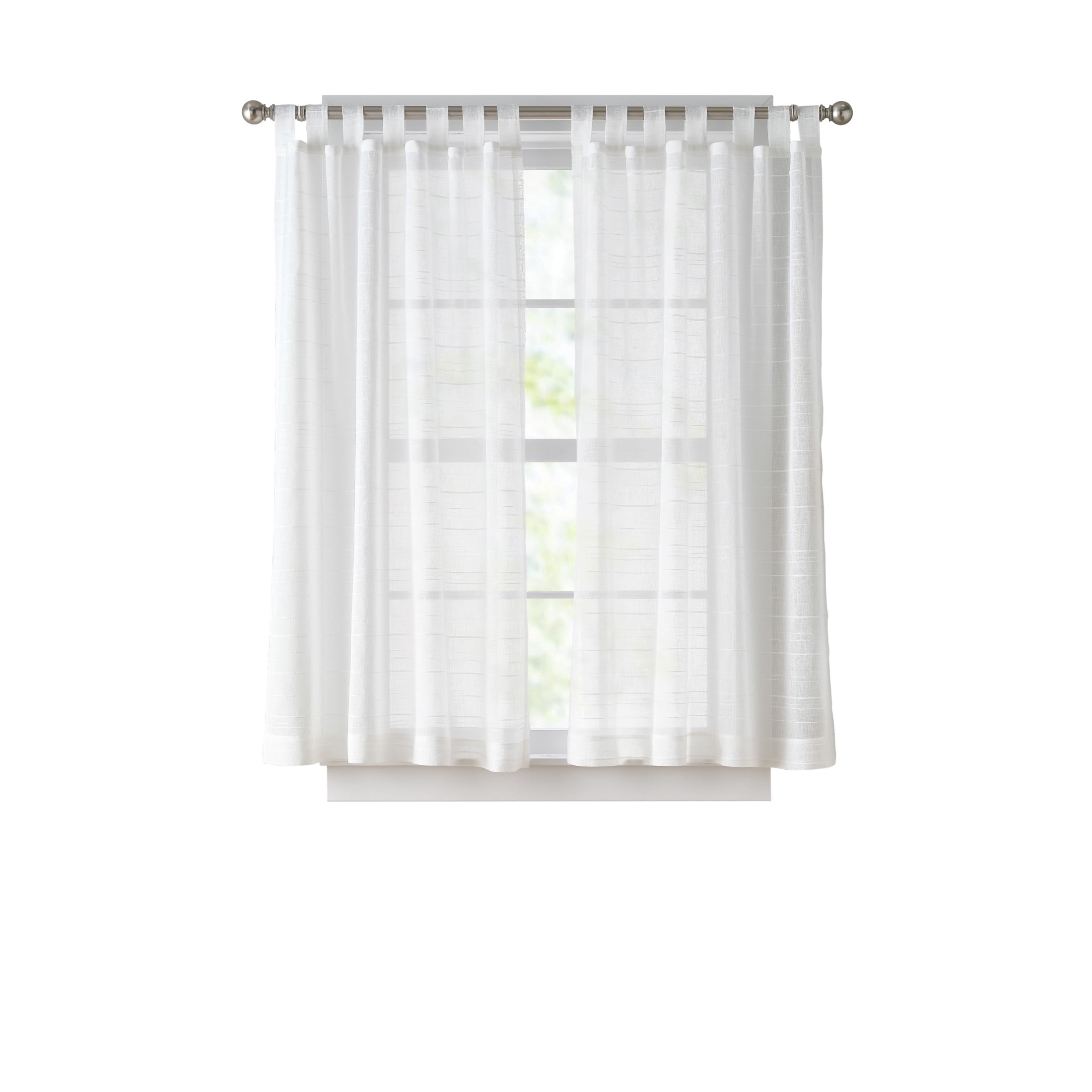 Mainstays Woven Stripe Sheer Tab Top Curtain, Single Panel, White, 50" W x 63" L