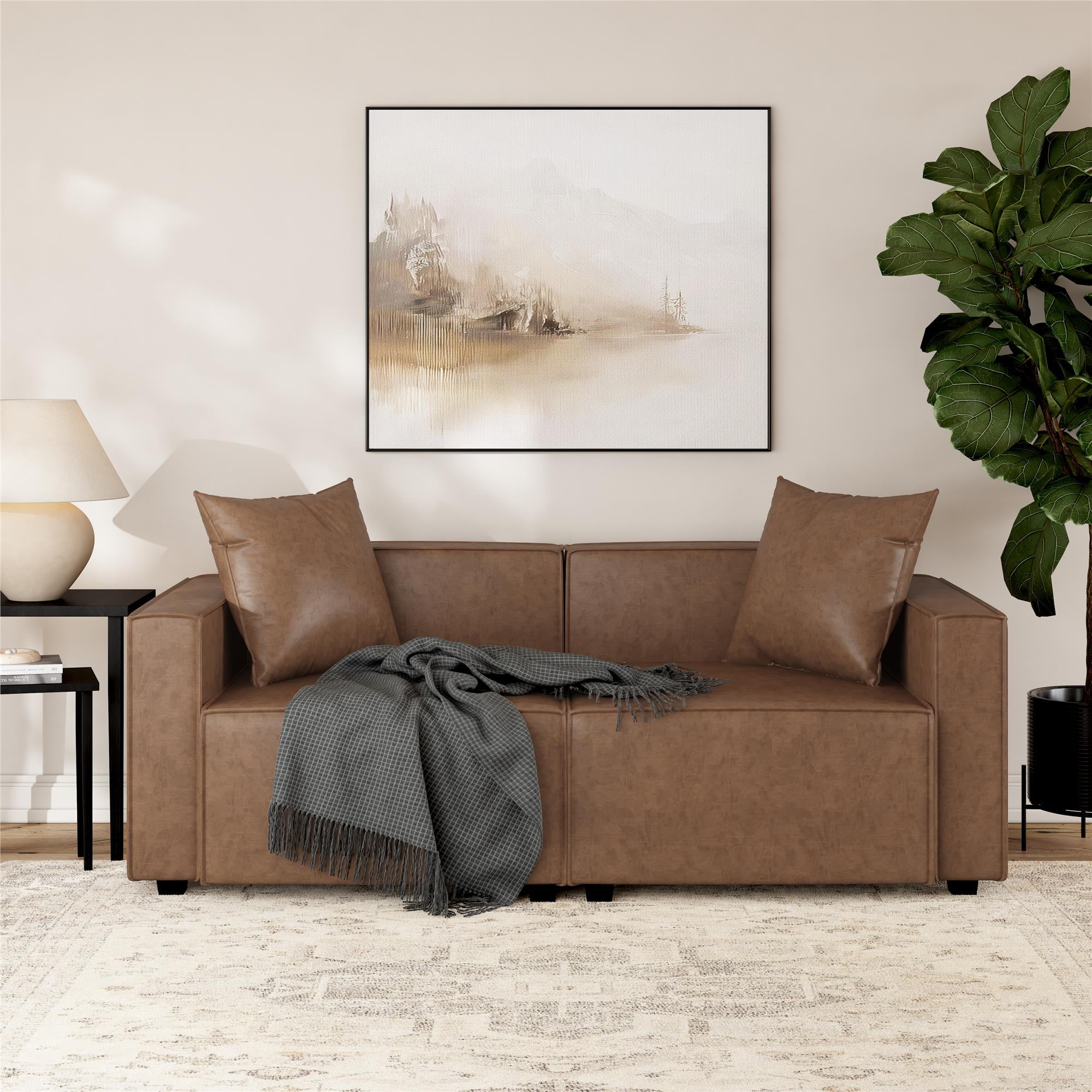Mainstays Wynnewood 75" Low Profile Faux Leather Sofa Couch with 2 Throw Cushions, Brown