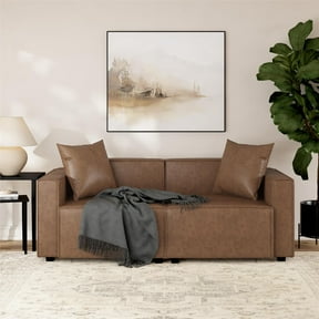Mainstays Wynnewood 75" Low-Profile Modern Faux Leather Sofa Couch with 2 Throw Pillows, Brown, 3-Seat Living Room Sofa
