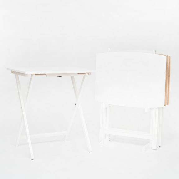 Open Box Mainstays XL Oversized Folding Tray Table Set with Storage Rack, White, 4-Pack