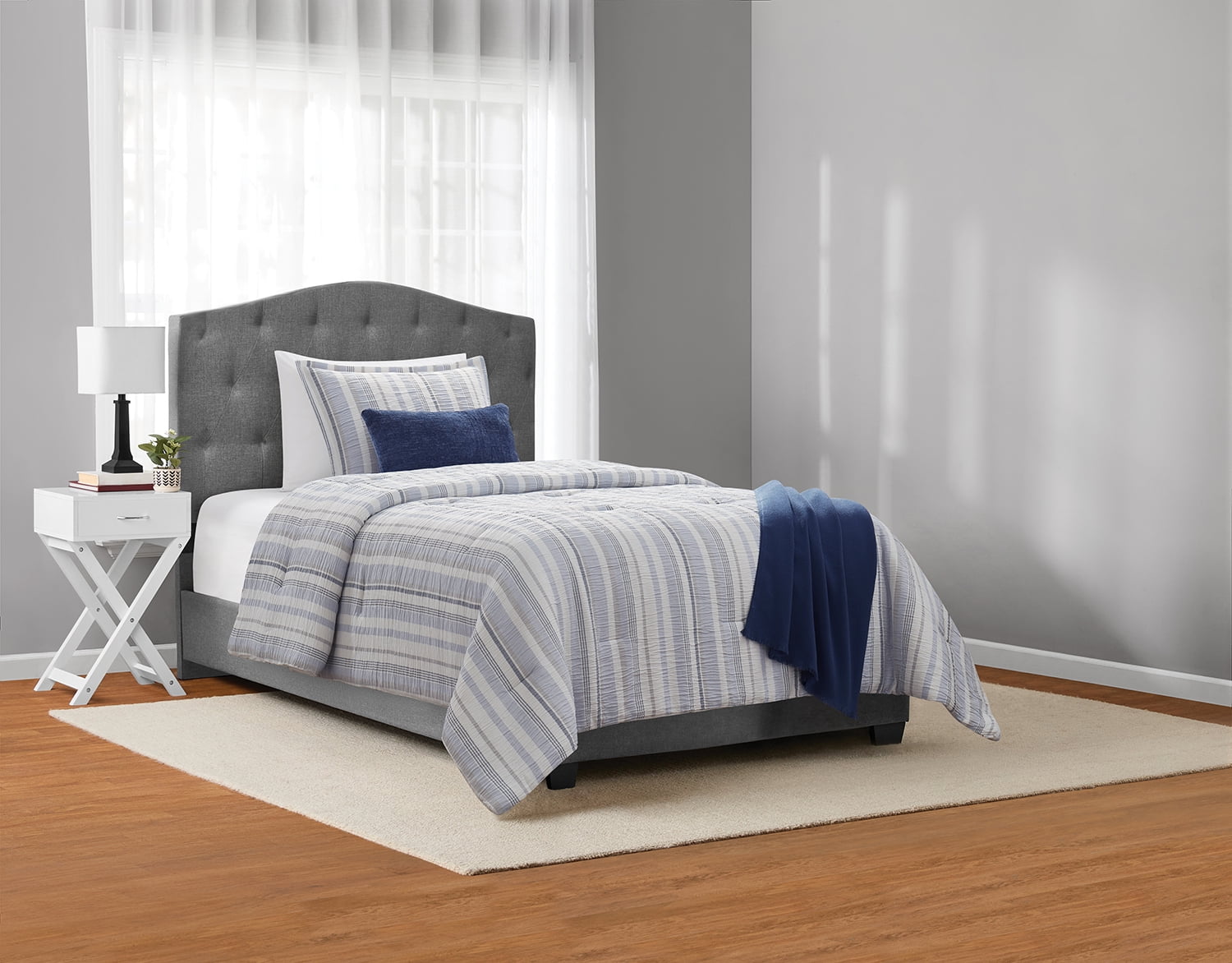 Mainstays Yarn Dyed Stripe 4-Piece Blue Comforter Set, Twin/Twin XL