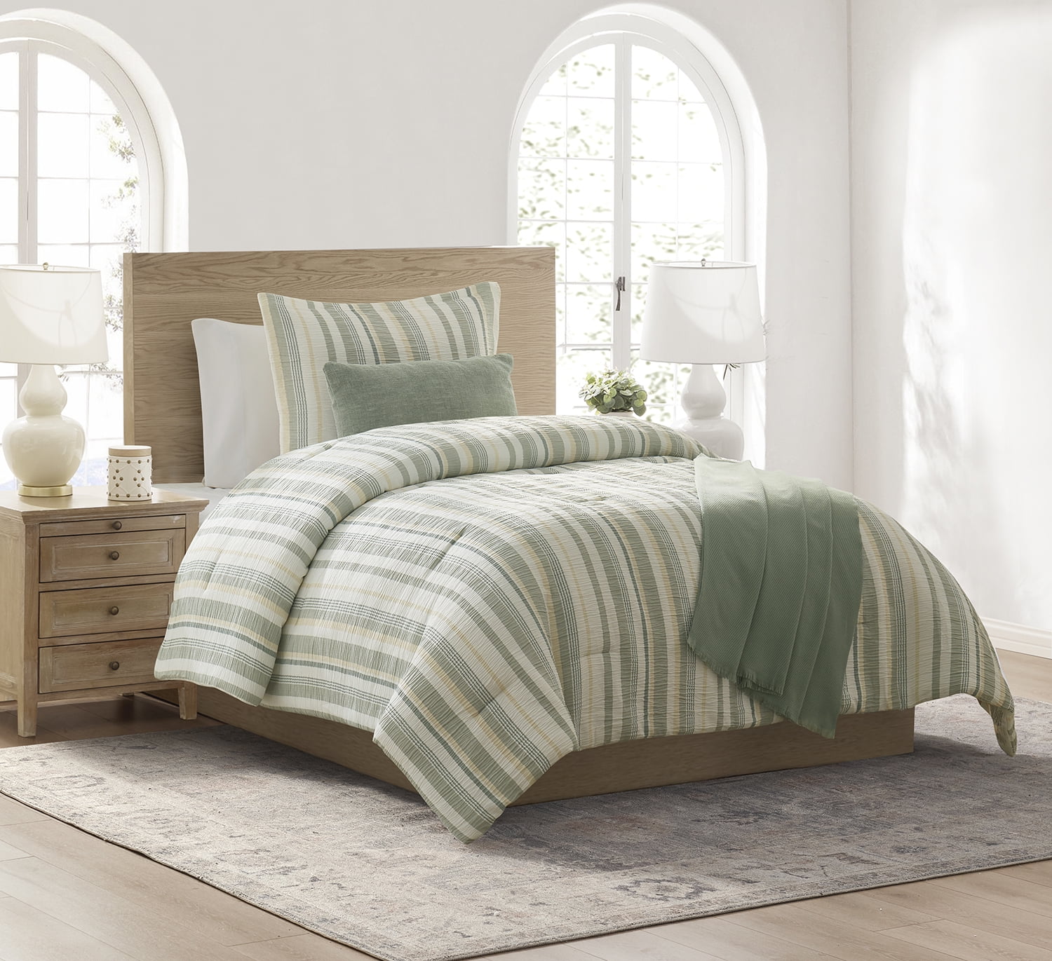 Mainstays Yarn Dyed Stripe 4-Piece Green Comforter Set, Twin/Twin XL