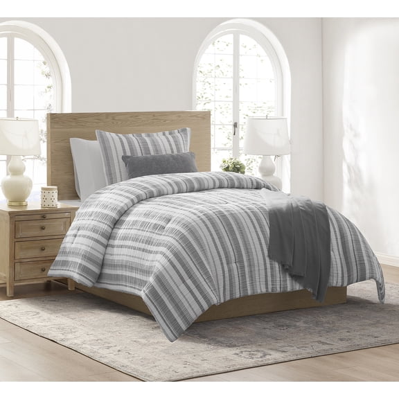 Mainstays Yarn Dyed Stripe 4-Piece Comforter Set, Grey, Twin/Twin XL
