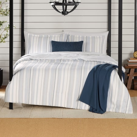 Mainstays Full/Queen Comforter Set, All-Season, 5-Piece, Blue Yarn Dyed Stripe
