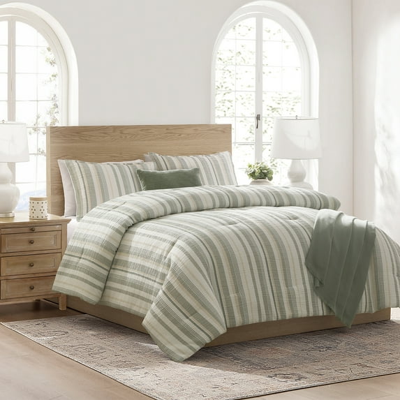 Mainstays Yarn Dyed Stripe 5-Piece Green Comforter Set, Full/Queen