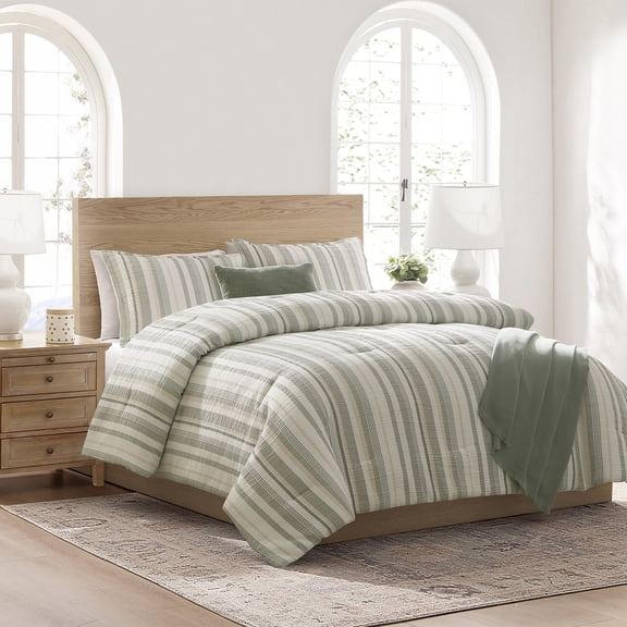 Mainstays Yarn Dyed Stripe 5-Piece Green Comforter Set, King