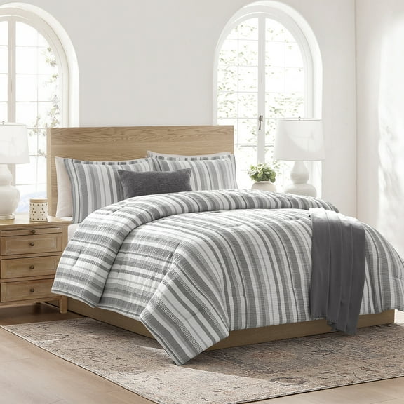 Mainstays Yarn Dyed Stripe 5-Piece Grey Comforter Set, Full/Queen
