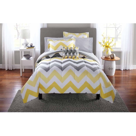 Mainstays Yellow and Grey Chevron 8 Piece Bed in a Bag Comforter Set With Sheets, Queen