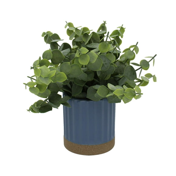 Mainstays by Becky G. & Alejandra 8" Artificial Eucalyptus in Blue Two-Tone Ribbed Ceramic Pot