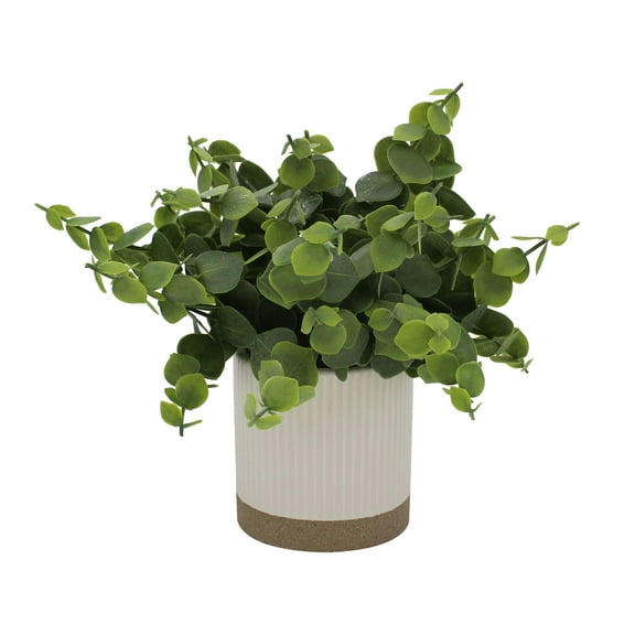Mainstays by Becky G. & Alejandra 8" Artificial Eucalyptus in White Two-Tone Ribbed Ceramic Pot