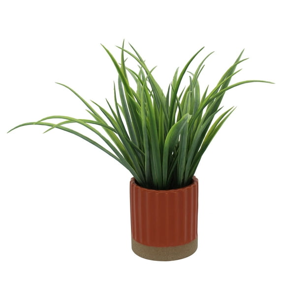 Mainstays by Becky G. & Alejandra 9.5" Artificial Grass in Orange Two-Tone Ribbed Ceramic Pot