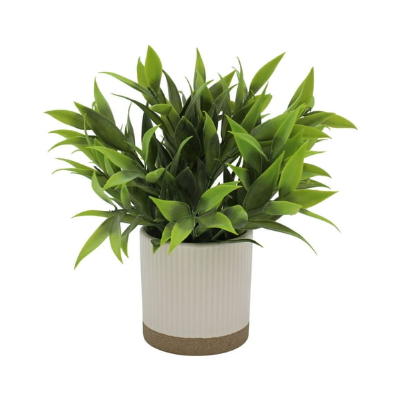 Mainstays by Becky G. & Alejandra 8" Artificial Tealeaf in White Two-Tone Ribbed Ceramic Pot