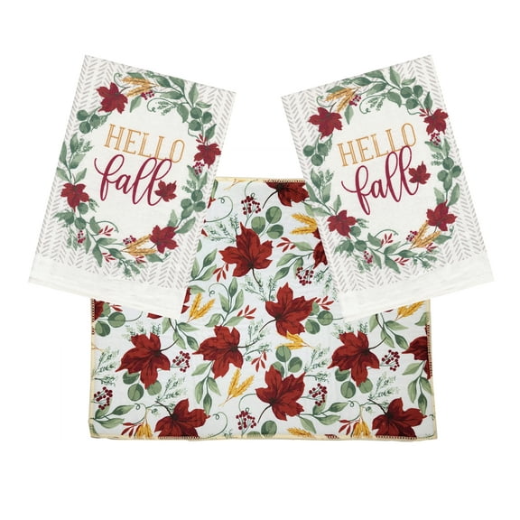 Mainstream 3-Piece Set of Fall Drying Mat and 2 Matching towels, Multicolor, Autumn Leaf Design
