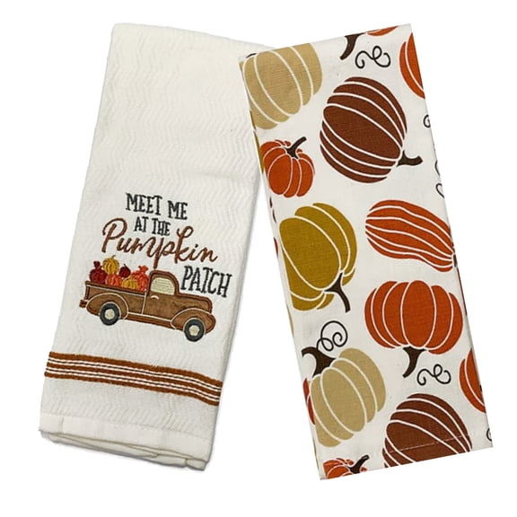 Mainstream Fall Kitchen Multi-Color Towels, 2-Piece, Bronze Truck Pumpkin Patch Dishtowels