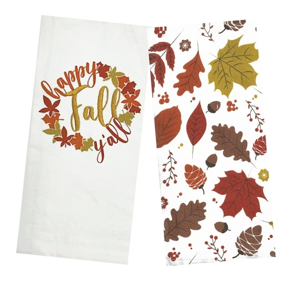 Mainstream Fall Towels, 2-Pack,  Happy Fall Y'all Tossed Leaf Acorn Dishtowels