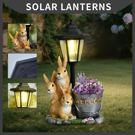 Mainstream Garden Decor Solar Powered Rabbit Statue with LED Lantern and Planter Bucket, Waterproof Resin Animal Figurine for Outdoor Patio Yard Ornament, 12.7 Inches