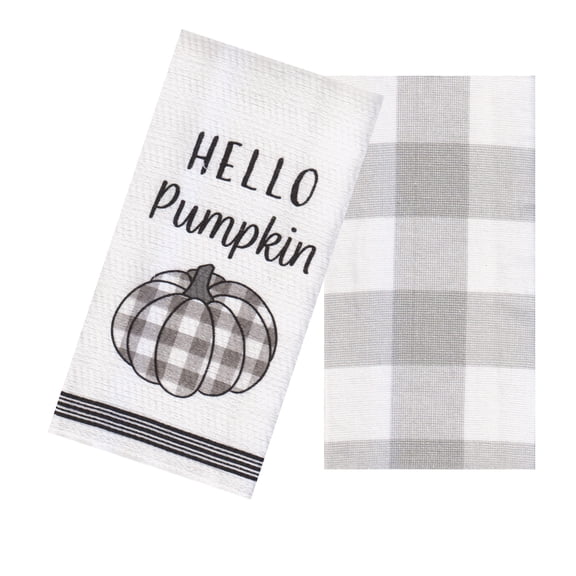 Mainstream Hello Pumpkin Kitchen Hand Towels, 2-Pack, Grey and White Checked Buffalo Plaid Dishtowels