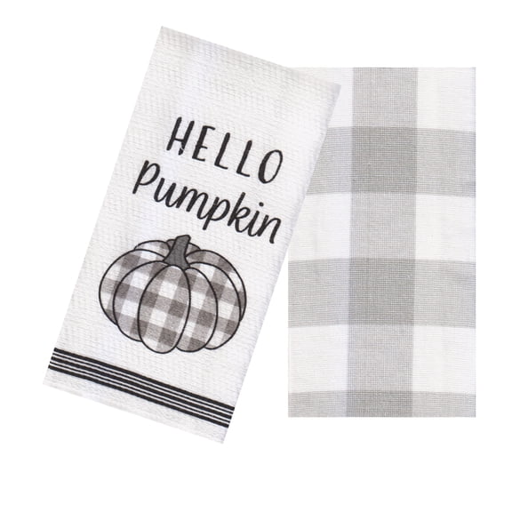 Mainstream Hello Pumpkin Kitchen Hand Towels, 2-Pack, Grey and White Checked Buffalo Plaid Dishtowels