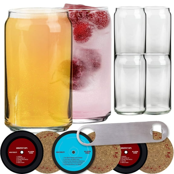 Mainstream Source® Can Shaped Drinking Glasses – 16 oz Drinking Glasses and Perfect Beer Glasses, Soda Glasses or Glass Tumblers, Set of 4 Pint Glasses, 4 Cork Coasters, and Steel Bottle Opener