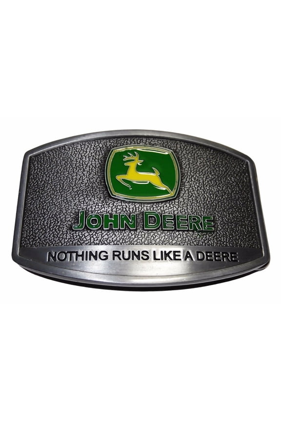 "Nothing Runs Like A Deere" Pewter Finish Belt Buckle, Enamel Accents, Gray