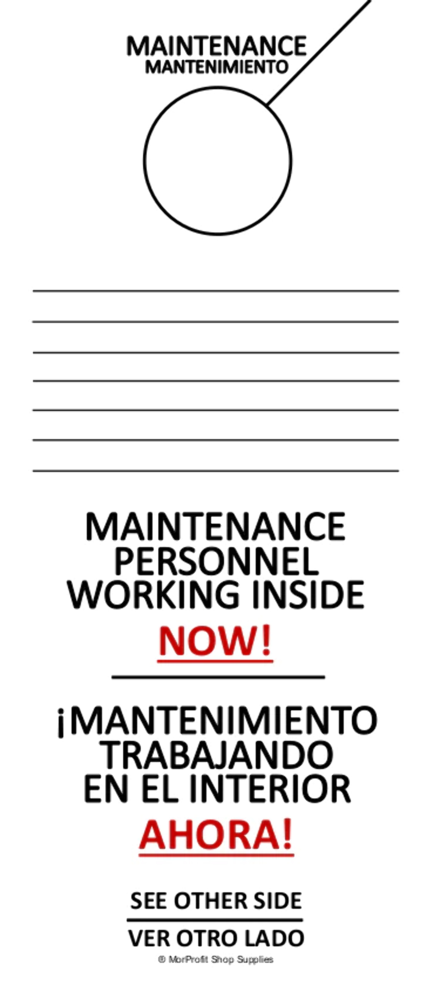 Maintenance Door Hanger Tags Bilingual English and Spanish for