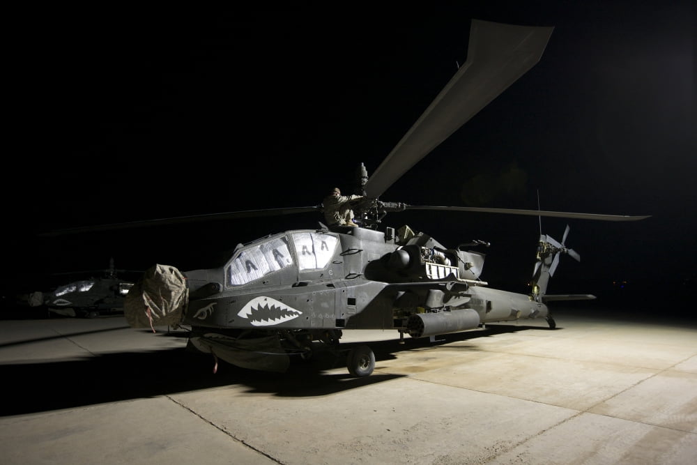 Maintenance crew work on an AH-64D Apache Longbow at night Canvas Art - Terry MooreStocktrek Images (18 x 12)